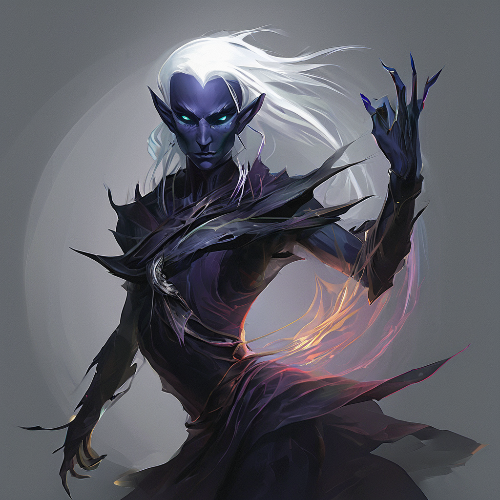 Drow are the Dark Elves of the Underworld - fearless killers who are known for both their spellcasting and fighting ability. Though more frail than humans,they are solid fighters with a great reputation of ruthlessness and precision. Those who cross a dark elf usually meet a swift demise. Drow are tallish elves with indigo skin and white hair,and usually have either red or golden eyes.,masterpiece,long exposure,layered elements,motion photography,stark contrasting color transitions,saturated colors,harmonious color story,illusionism,beautiful details,blackhole energy core,
<lora:artfullydrow__sdxl_v1:1>,