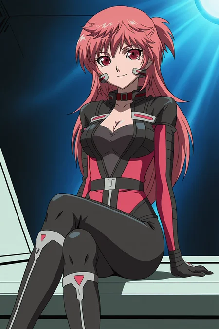 anime screencap, anime coloring, detailed face, masterpiece, best quality, very aesthetic, absurdres, volumetric lighting, official style, amazing quality, ultra detailed, highres, amazing quality, scenery, beautiful detailed hair, beautiful detailed eyes,
<lora:StS-Illustrious-Detail-Slider-v1.0:4>
 <lora:Aoi_Hidaka_Juusou_Kikou_Dancougar_Nova:1>
Outfit 3 (Pilot Outfit), Aoi Hidaka (character), 1girl, solo, bodysuit, crossed legs, sitting, red eyes, breasts, cleavage, long hair, red hair, medium breasts, knee boots, boots, pilot suit, science fiction, smile