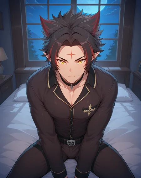 masterpiece, best quality, absurdres, very aesthetic,
1boy, solo, yaoi, male focus,
looking at viewer, cowboy shot,
<lora:Ryan_Werewolf:1> ryanwerewolf, black hair, multicolored hair, pointy ears, facial mark, red hair, two-tone hair, streaked hair, forehead mark, yellow eyes,
pajamas,
indoors, night, dark room, bedroom, lying, on bed,