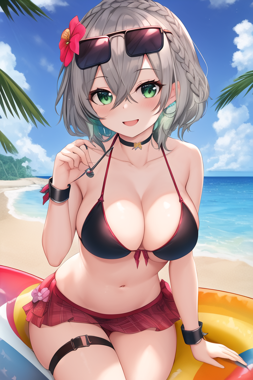 masterpiece, best quality, highres, solo, {noelle_genshin:1.10}, breasts, bangs, green_eyes, grey_hair, braid, blush, short_hair, cleavage, smile, large_breasts, virtual_youtuber, flower, hair_ornament, hair_flower, wavy_hair, medium_hair, medium_breasts, 1girl, bikini, looking_at_viewer, swimsuit, collarbone, eyewear_on_head, skirt, sunglasses, navel, hair_between_eyes, day, outdoors, sky, thigh_strap, two-tone_bikini, beach, bikini_skirt, blue_sky, choker, cloud, ocean, open_mouth, wrist_cuffs