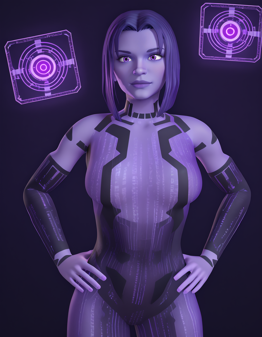 Masterpiece, high-res, 2k, best quality, 3d, translucent,  cortanah2, purple skin, purple theme, hologram,transparent,  medium breasts,   <lora:cortanah2_pony-000043:1> Hands on hips facing the camera