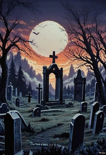 score_9, score_8_up, score_7_up, score_6_up, hllwn, halloween, vintage, tombstone, graveyard, tree, moon, bare tree, scenery, no humans, outdoors, cross, sky, grave, traditional media, full moon, cloud, night