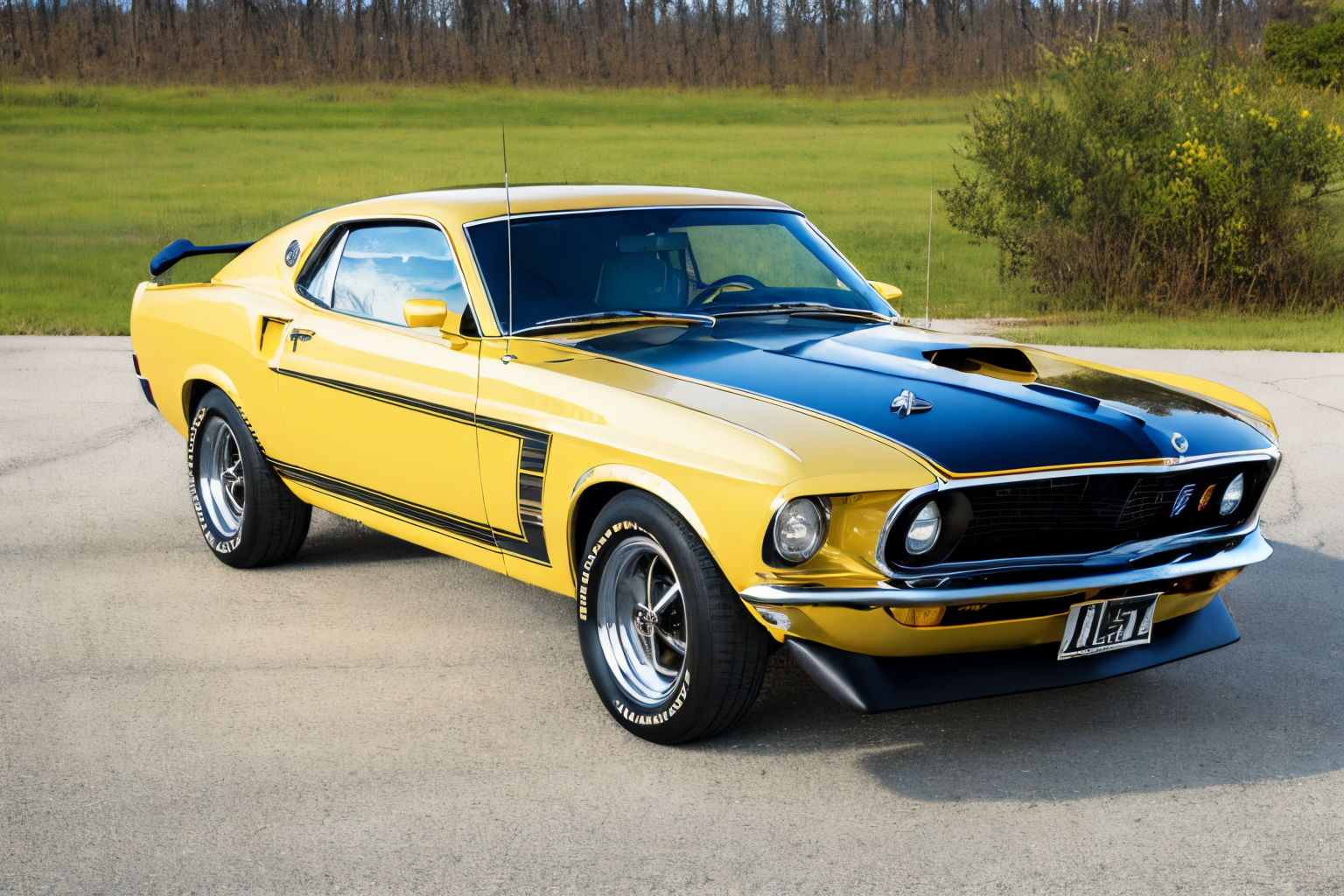 (masterpiece, best quality:1.2), ultra-detailed, Mikado yellow car Edob69MustangBoss, (realistic:1.5), <lora:Edob69MustangBoss_v1.0:1>