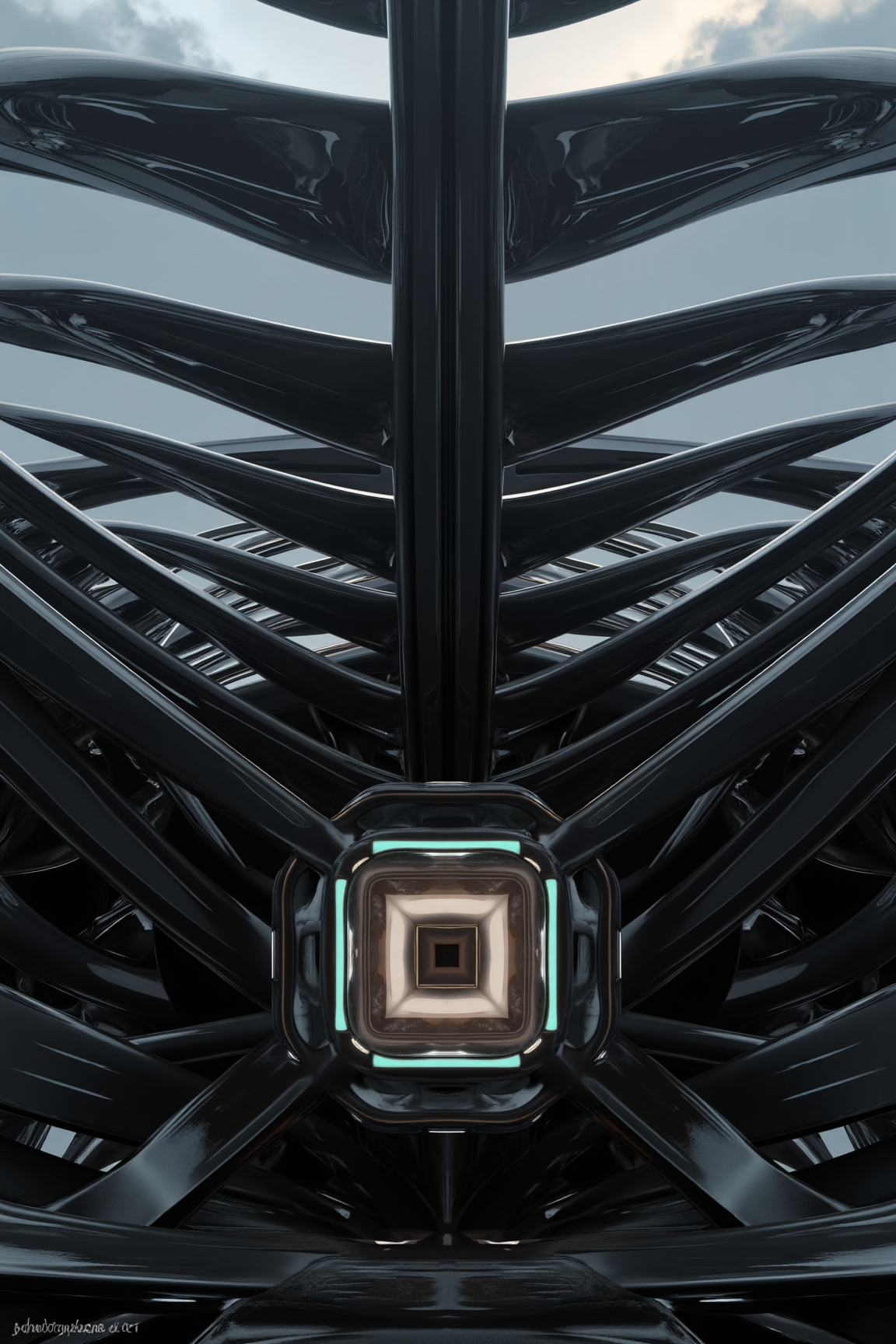 A 3D Rendered abstract of, sharp photo of a close-up view of the top part of a futuristic spaceship. The spaceship has a black and grey color scheme with a futuristic design. The top of the spaceship has multiple panels that are arranged in a symmetrical pattern, creating a dome-like shape. The panels are connected by a series of horizontal lines that run diagonally across the top and bottom of the image. In the center of the dome, there is a large rectangular window that allows natural light to enter the space. The window is framed by a thin metal frame that extends from the top to the bottom. The frame is decorated with small white dots that appear to be glowing, giving the spaceship a futuristic and futuristic look. The background is a pale blue sky with a hint of white clouds. sharp photo of taken from a low angle, looking up at the spaceship from below.
