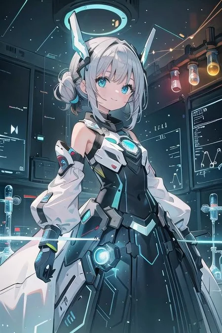 (masterpiece), (science fiction:1.4), 1girl, standing, smile, silver hair, aqua eyes, headgear, long sleeves, detached sleeves, glowing energy clothing, light particles