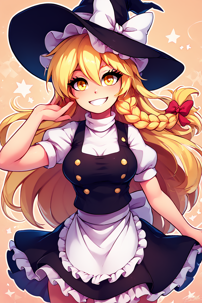 score_9, score_8_up, score_8, medium breasts, (curvy), cute, eyelashes,       ,,, ,  <lora:KirisameMarisaTouhouIXL:1.0>, zzMarisa, yellow eyes, hair between eyes, blonde hair, hair bow, long hair, very long hair, single braid, bow, braid,  hat, witch hat, waist apron, short sleeves, black headwear, puffy sleeves, puffy short sleeves, hat bow, apron , BREAK, smile, looking at viewer, ,,, abstract background, white outline, cowboy shot, ,,, embedding:zPDXL, Expressiveh, ,,, <lora:theOtherHalfPDXL:0.8>, <lora:CatalystStylePDXL:0.6>, <lora:SDXLFaeTastic2400:0.5>, <lora:Expressive_H-000001:0.4>,