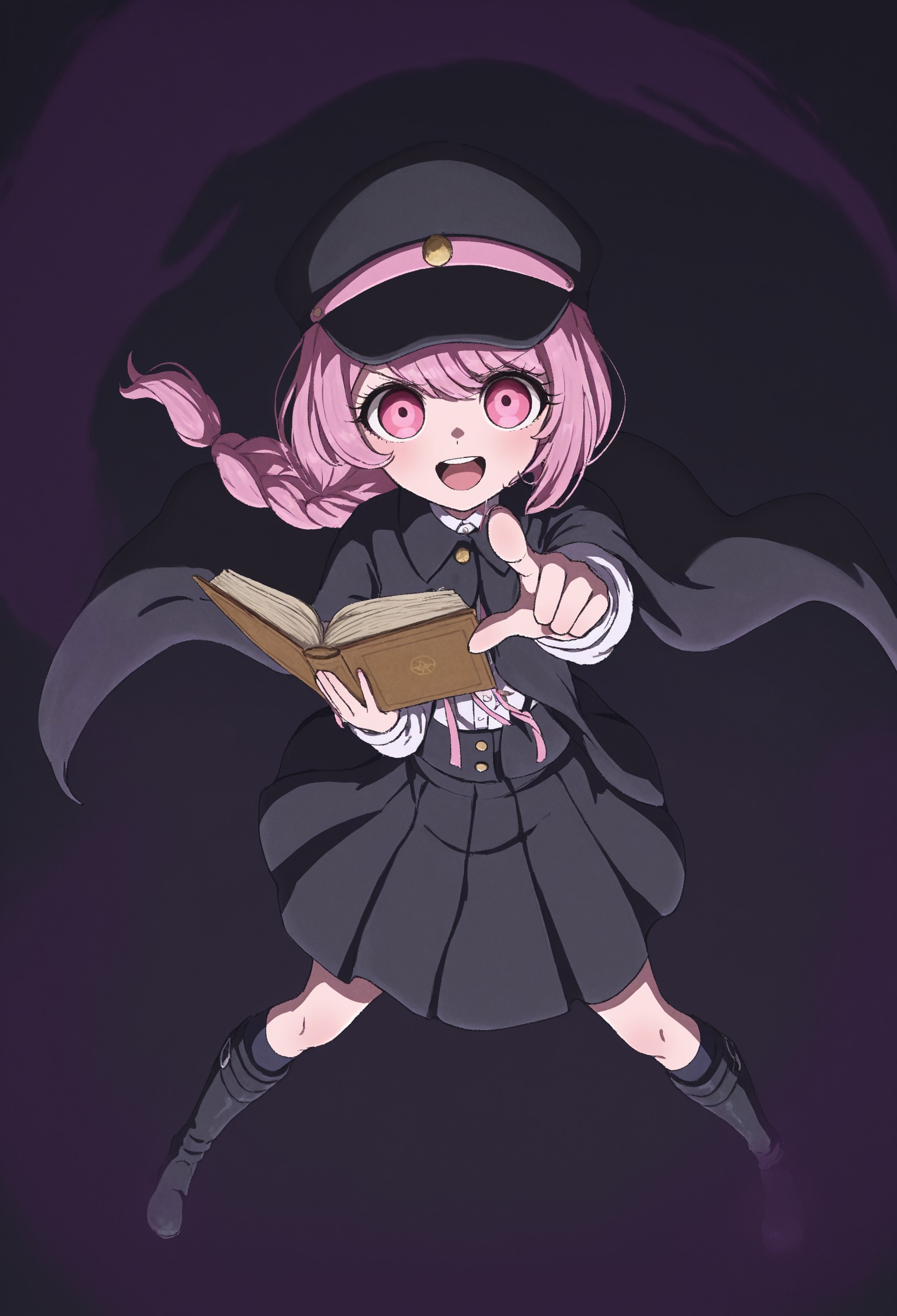 masterpiece, best quality, amazing quality, very aesthetic, absurdres, TNTsurukoSemba
1girl, pink eyes, pink hair, long braided ponytail, black hat, white collared shirt, pink neck ribbon, black collared cape, black suspender skirt, black socks, kneehighs, black knee boots, standing, holding book, open book, umbrakinesis, looking at viewer, pointing at viewer, perspective, dynamic pose, simple background, dark background, darkness, laughing, purple aura, 