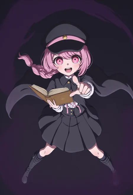 masterpiece, best quality, amazing quality, very aesthetic, absurdres, TNTsurukoSemba
1girl, pink eyes, pink hair, long braided ponytail, black hat, white collared shirt, pink neck ribbon, black collared cape, black suspender skirt, black socks, kneehighs, black knee boots, standing, holding book, open book, umbrakinesis, looking at viewer, pointing at viewer, perspective, dynamic pose, simple background, dark background, darkness, laughing, purple aura,
