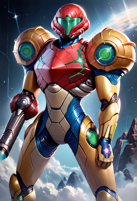 masterpiece,best quality, highly detailed, score_9, score_8_up, score_7_up, score_6_up,<lora:xl_more_art-full_v1:0.8>,source_Anime
BREAK
<lora:samus:0.8>samus,1girl, samus aran, weapon, arm cannon, power suit (metroid), solo, helmet, power armor, power suit,armor, full body, looking at viewer, science fiction