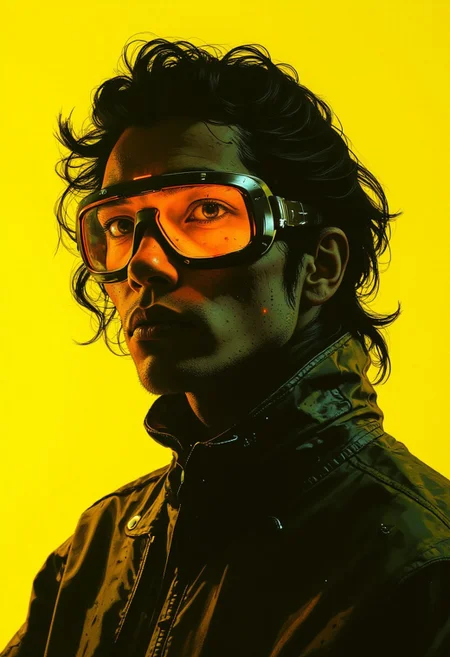 A hyper-realistic digital artwork capturing a young man with light skin and long, curly hair that cascades over his forehead, blending seamlessly into a futuristic, high-fashion aesthetic. The man’s face is partially obscured by large, reflective sunglasses with a sleek rectangular frame, illuminated by a vibrant neon yellow glow that adds a bold cyberpunk edge. He is dressed in a high-necked, glossy black leather jacket, its surface reflecting ambient light and emphasizing its smooth, futuristic texture. His expression is calm yet enigmatic, with a subtle tilt of the head that enhances his air of modern sophistication. The background is a solid yellow, stark and electrifying, creating a high-contrast environment that draws attention to the glowing sunglasses and glossy textures of the jacket. The neon light casts soft highlights and shadows, accentuating the interplay of curves and lines in his features and attire. The overall composition is minimalist yet striking, focusing on the interplay of light, texture, and color to evoke themes of technology and contemporary fashion. Rendered in ultra-HD, 8K quality, hyper-detailed, flawless anatomy, professional finish, this piece is a mesmerizing fusion of cyberpunk and modern style.