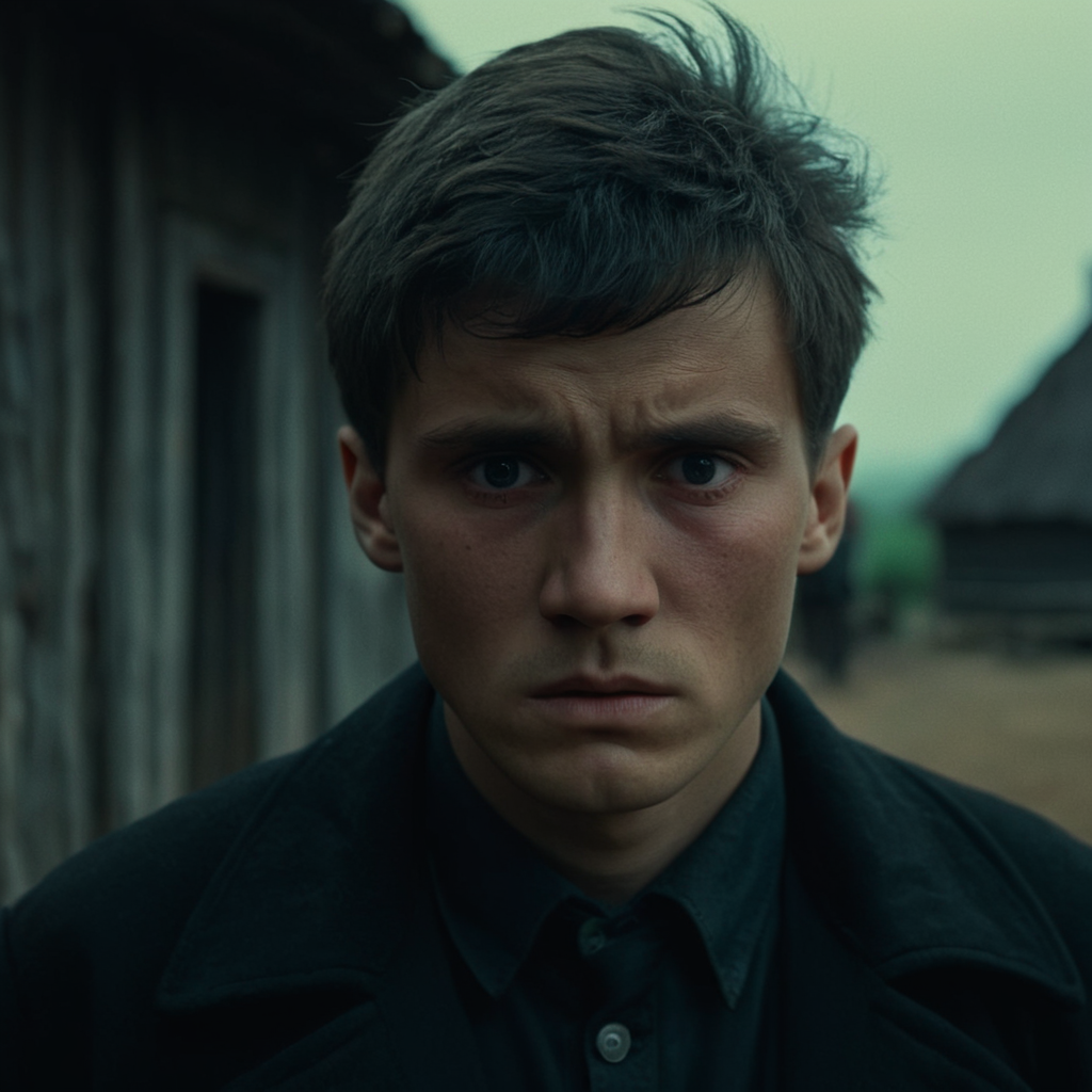 cinematic film still of  <lora:Come and See style v2:1> wrinkly sad depressed
Florian Gaishun In 1943, in a small Belarusian village a sad man with a black shirt and a black jacket,solo,looking at viewer,short hair,black hair,1boy,male focus,blurry,black eyes,blurry background,portrait,realistic , action, horror, war, movie themed, sharp, detailed, epic cinematic photography, artistic, creative, dramatic light, cinematic color style, Kodak film style, 8k resolution, Come and See style, shallow depth of field, vignette, highly detailed, high budget, bokeh, cinemascope, moody, epic, gorgeous, film grain, grainy