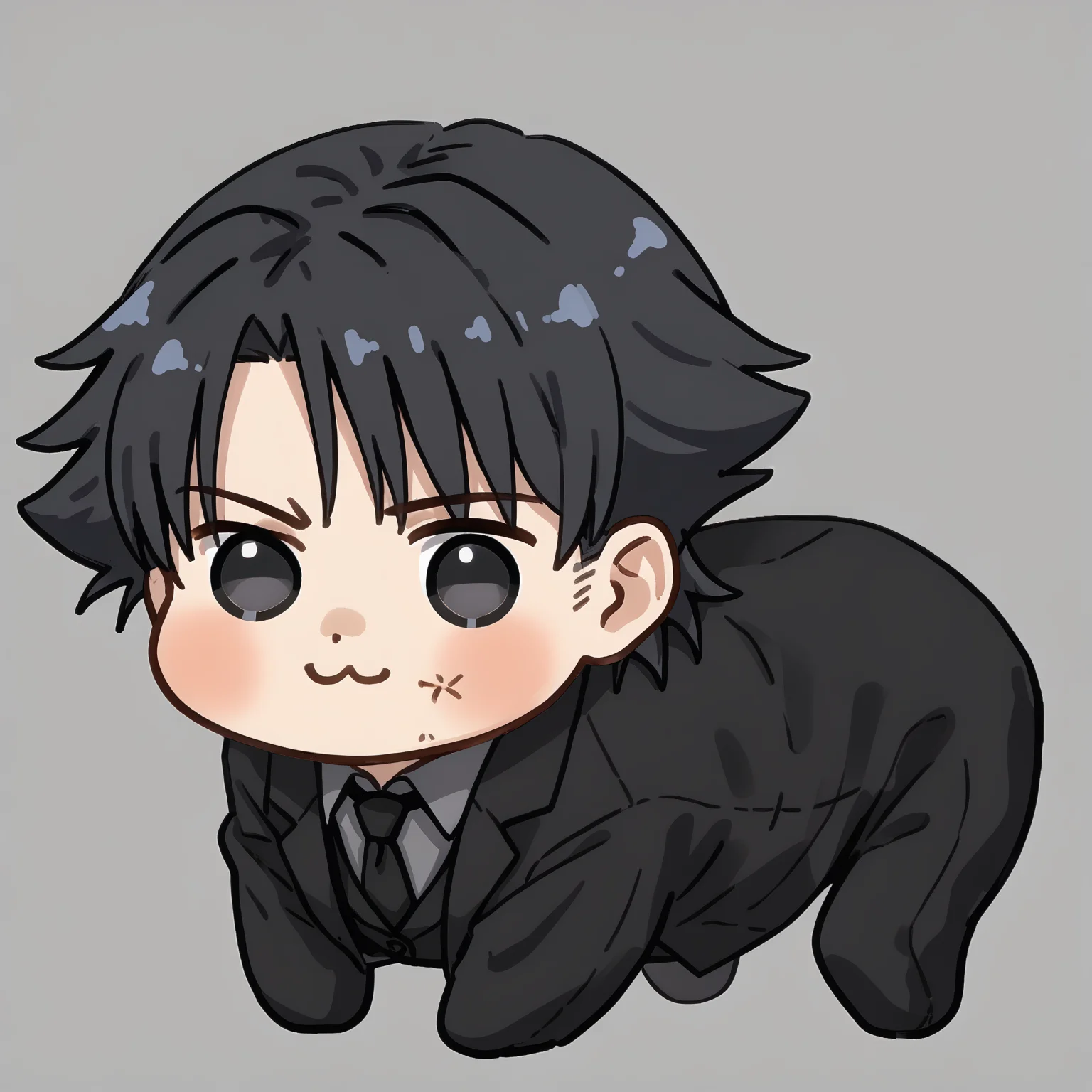score_9, score_7_up, BREAK, <lora:emiyakiritsuguv1:1>, emiya kiritsugu, black hair, short hair, facial hair, stubble, long coat, black coat, grey shirt, collared shirt, waistcoat, black necktie, black eyes, <lora:Doro_X_PDXL_V1:1> doro, creature, :3, chibi, no humans, white skin, four legs, solid circle eyes, no pupils, all fours,