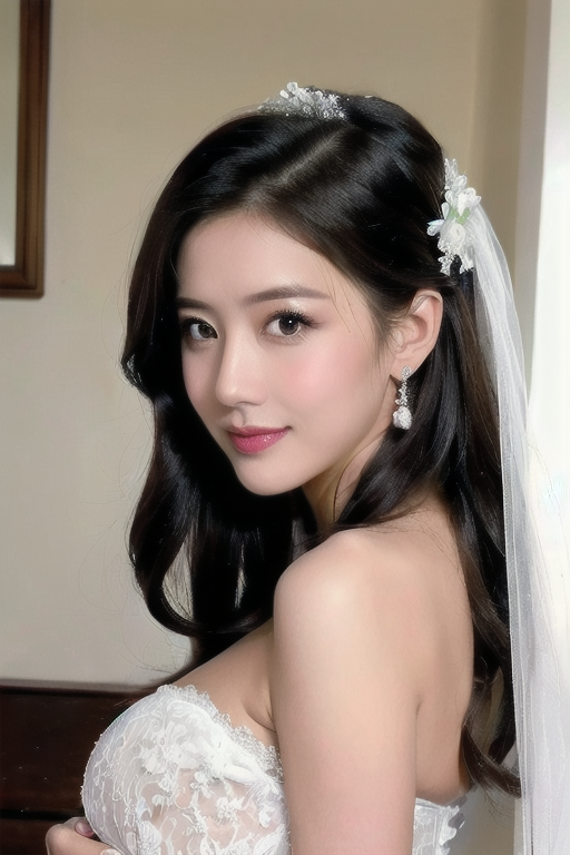 (full_shot:1.1),(a very beautiful face:1.2),A 40 year old beauty was wearing a sexy white wedding dress during pregnancy,