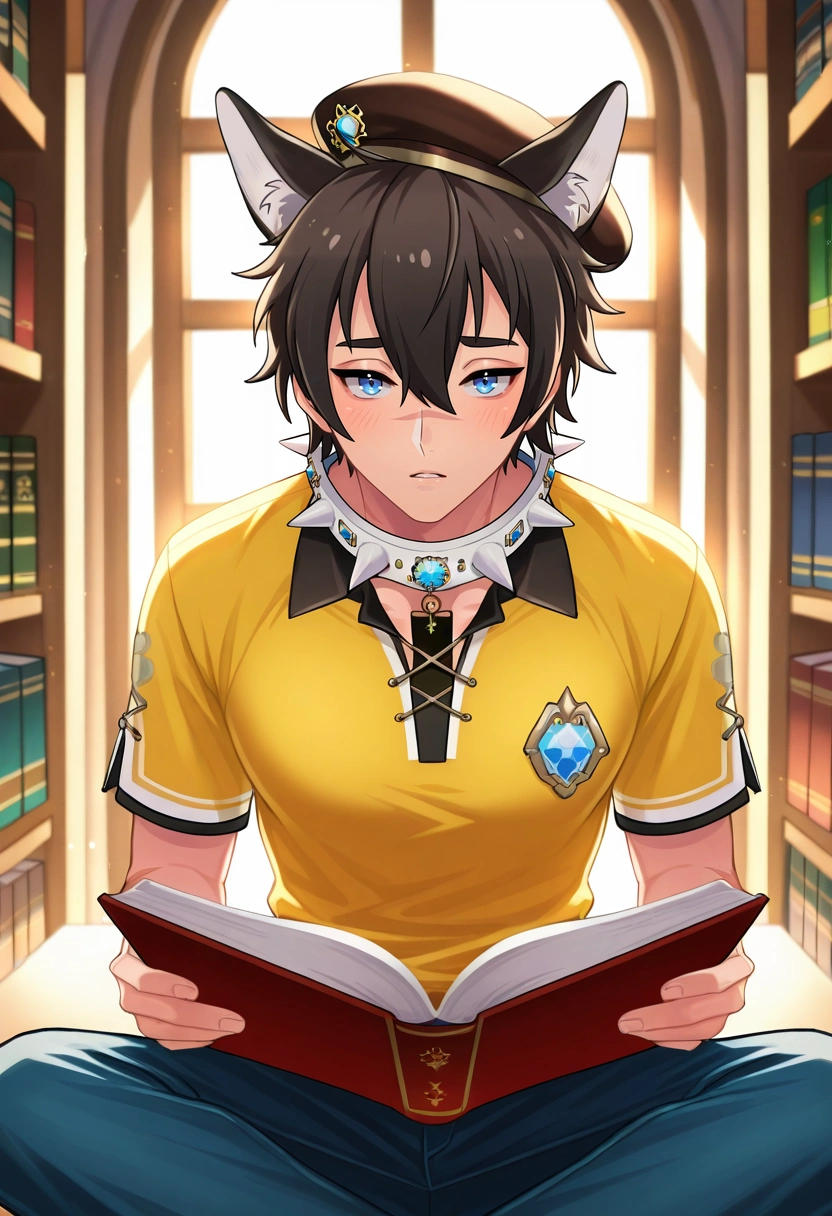masterpiece, best quality, , (photorealistic:0.6), looking at viewer, , 1boy, solo, male focus, <lora:garu_nu_carnival_ilxl:0.92>, garu_nu_carnival, black hair, blue eyes, short hair, animal ears, scar, hair between eyes, spiked collar, wolf boy, wolf ears, , library, bookshelf, sunbeam, window, book, reading, afternoon, sitting cross-legged, absorbed expression, Quilted joggers, Pique polo shirt, , Beret,