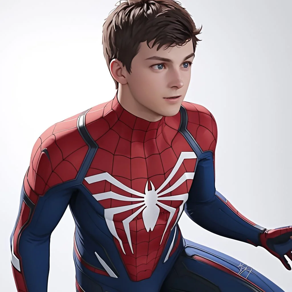 ASCII masterpiece, best quality, solo, peter_parker, advancedsuit, sexy pose, detailed symmetric reflective blue eye, in front of a (plain white background: 1.3), 4k, 8k, intricate detail, soft lighting,
