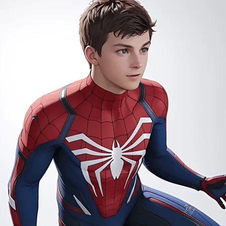 ASCII masterpiece, best quality, solo, peter_parker, advancedsuit, sexy pose, detailed symmetric reflective blue eye, in front of a (plain white background: 1.3), 4k, 8k, intricate detail, soft lighting,