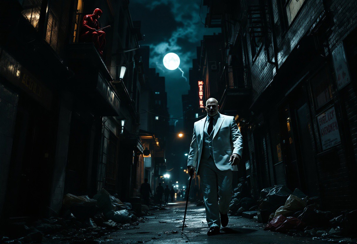 Hyper-realistic photography of a New York City hidden long alley, by night.  On the sides you can see the back exits of many places still open, despite the late hour, with light coming out of the doors, some closed by grates. Various indistinct people, staggering and drunk. Along the wall of the alley also various piles of garbage and broken bottles. In the middle of the scene the imposing Wilson Fisk as Kingpin, in his inevitable white suit, walks slowly and confidently, his shiny bald head reflects the full moon, takes up almost the entire width of the alley and some drunks try to avoid him. A mocking smile of a dominator is printed on his face. Above, perched on a roof that dominates the scene in the alley, Daredevil with his red costume and cane looks down at Kingpin and enjoys the scene and the night. Shot from the alley floor, close-up view on  Kingpin. The camera angle is low, capturing all the elements. Full moon breaks through clouds , casting dramatic shadows, while distant lightning illuminates the scene. Cinematic depth of field, 8K detail, photorealistic textures, low-angle_shot .