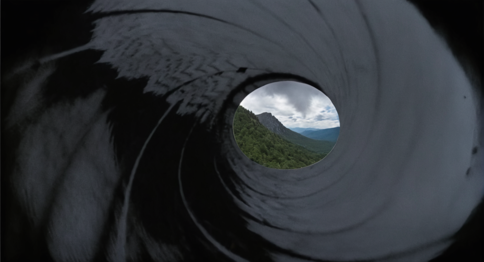 UHD, 4k, ultra detailed, cinematic, a photograph of <lora:Gun barrel sequence v2:1>
a picture of a mountain with a medium hole in it is see through a hole,outdoors,sky,cloud,tree,no humans,black background,nature,scenery,forest,mountain,landscape , Gun barrel hole,  gun barrel's interior,  pinhole camera, Gun barrel sequence style, epic, beautiful lighting, inpsiring