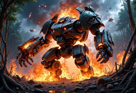 score_9, score_8_up, score_7_up, score_6_up, 
Cinematic fantasy style, sharp, (high quality, 4k, 8k, high definition, masterpiece: 1.2), illustrated movie poster, hand drawn, full color, beautiful ultra detailed book cover illustration of a ((Jungle)) mech damaged in battle - Exploding mech burns in the jungle, mech engulfed in flames, background - jungle, battle, starships flying in the sky, future, sci-fi, jungle fight scene, 4k, hyper detail, fantasy style, hyper realistic, spectacular style, cinematic style, no background fantasy style, hyper detail, professional art, bartosz tchorzewski fantasy style, high detail, hyper detail, 4k, realistic style, face painting style fantasy style, 4k, painterly style, hyper detail, dark room, hdr, intricate, elegant, highly detailed, sharp focus, ((((cinematic look))), soothing tones, crazy details, intricate details, hyper detailed, low contrast, soft cinematic light, dull colors, exposure blending, hdr, blurred, 
intricate details, rating_questionable, fantasy setting,
, high resolution,
highres,