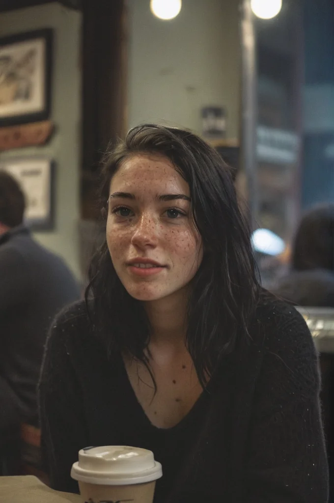 35mm photograph, dimly lit, gritty, beautiful young woman, slight smile, black hair, freckles,natural lighting candid, sitting in a busy crowded coffee shop, thick clothing, black sweater