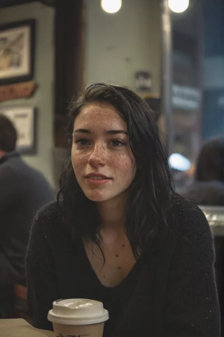 35mm photograph, dimly lit, gritty, beautiful young woman, slight smile, black hair, freckles,natural lighting candid, sitting in a busy crowded coffee shop, thick clothing, black sweater