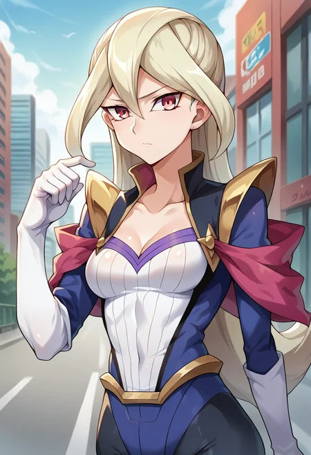 score_9, score_8_up, score_7_up, source_anime, masterpiece, 1girl, ct_gl0ria, blue coat, white shirt, popped collar, shorts, shoulder pads, elbow gloves, white legwear, outdoors, depth of field, city, looking at viewer, portrait, medium breasts, collarbone, shiny skin, hand up, <lora:Gloria_Tyler_yugioh_ct_ver4:1>