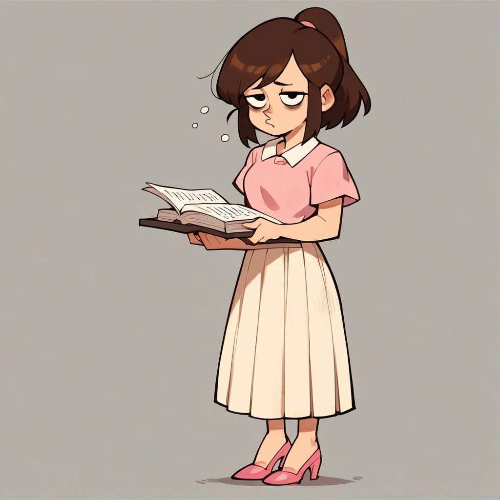 score_9,score_8_up,score_7_up,score_6_up, 1girl,brown hair,black eyes, eye bags,sleepy, ponytail, beige tuxedo, pink shirt, beige long skirt, pink high heels, jewelry,long leg's,standing,writing on a notebook, gray background,looking at viewer,solo