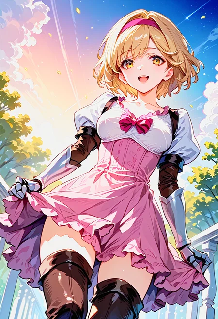 [3x3misTypeC is merged by ichigodaifuku, Horny Fox is merged by Olejkee:100], [zPDXLxxx::0.6], score_9, score_8_up, score_7_up, rating_questionable, source_anime, best quality, masterpiece, dreamy watercolor, depth of field, fcx, fyx, phc, yuh, very aesthetic, absurdres, retro style, <lora:Expressive_H-000001:0.5>, Expressiveh, <lora:flat_sdxl:-0.2>, <lora:Mixed_ArtstyleV2:0.5>, [this lora is made by MaiiaM:100], <lora:pony_good_hands:0.2>, good_hands, <lora:iris_size_control2_pony_02:0.4>, <lora:detail_eyes-000019:0.2>, [this lora made by sadsilly:100], detail1eye, anime, 1girl, long eyelashes, ultra detailed eyes, beautiful eyes, bright eyes, faint lips BREAK (three quarter view:0.2, (from below:0.4), (dutch angle:0.4),  fullbody, sunset, smile, open mouth, closed eyes BREAK <lora:spgbfDjeetaXLPony:1>, djeetadef, blonde hair, short hair, pink hairband, yellow eyes, medium breasts, dress, puffy sleeves, gauntlets, brown thighhighs, thigh boots