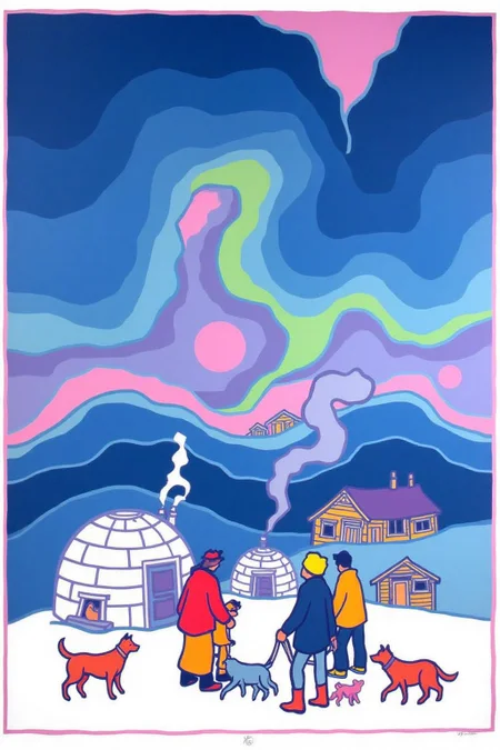 teha1 illustration.
An Inuit village in the Canadian Arctic, nestled among snowy hills. The sky is alive with swirling bands of green, purple, and pink northern lights. Igloos and small wooden houses stand in the foreground, with smoke rising gently from chimneys. Sled dogs rest nearby. <lora:teha1_cap_d6a3e11:1.0><lora:827675489968667298:0>