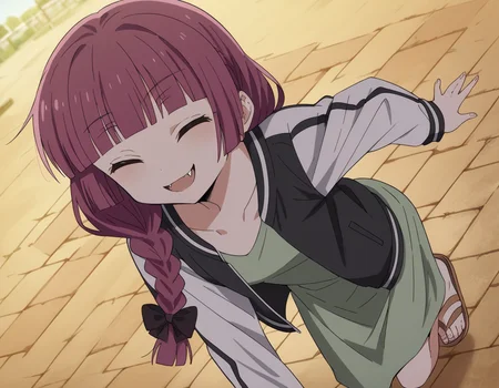 score_9, score_8_up, score_7_up, source_anime,
kikurihiroi, <lora:kikuri-hiroi-s1-ponyxl-lora-nochekaiser:1>,
kikuri hiroi, black bow, blunt bangs, braid, closed eyes, fang, hair bow, hair over shoulder, long hair, purple hair, sidelocks, single braid, fangs,
black jacket, brown footwear, collarbone, dress, green dress, jacket, long sleeves, open clothes, open jacket, raglan sleeves, sandals, white sleeves,
outdoors, street, bent over, smile,
cowboy shot, solo, dutch angle, looking at viewer,