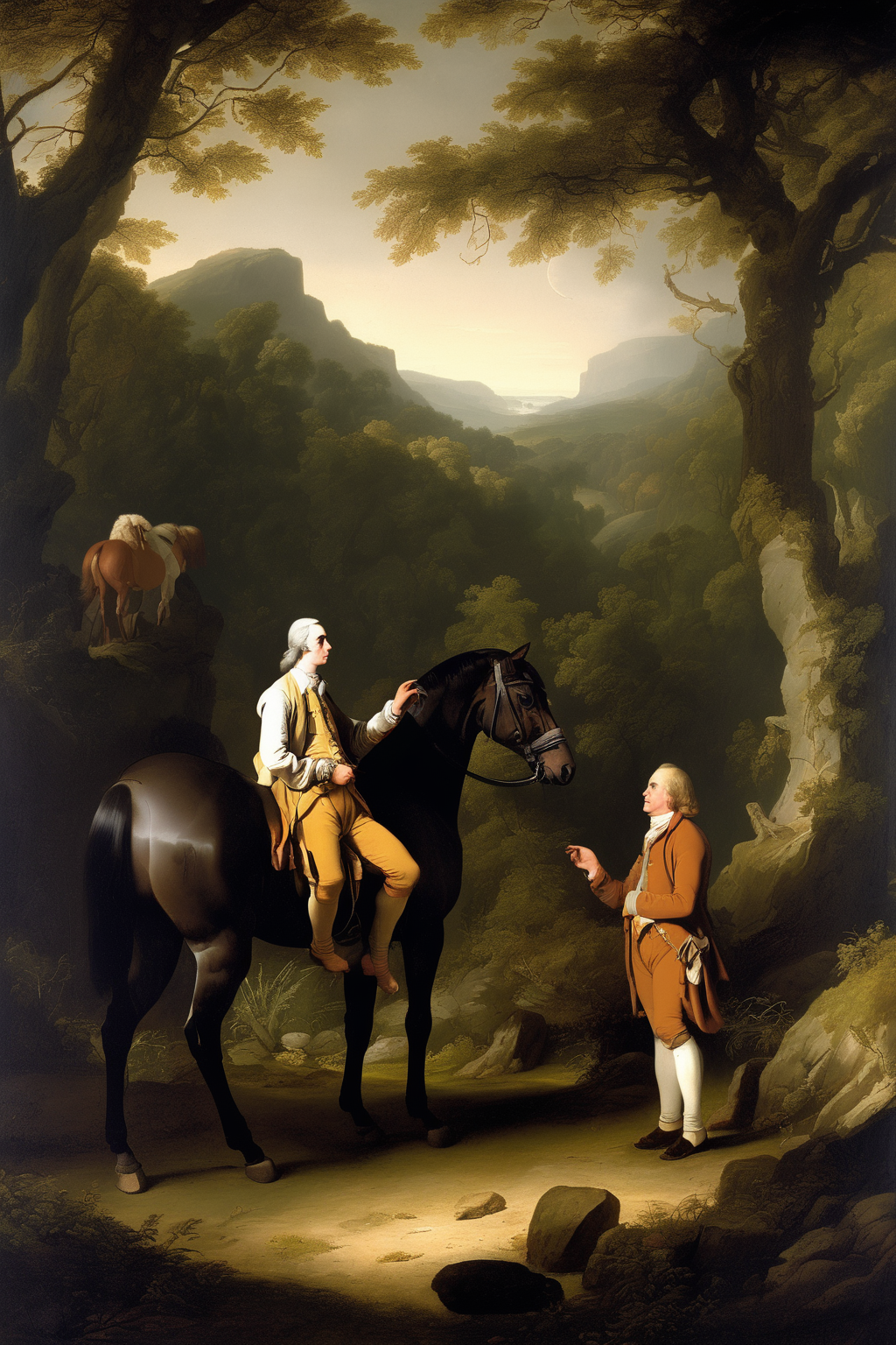 Joseph Wright Of Derby Style - a scene where Gulliver, a man in the simple clothing of a castaway, converses with noble, intelligent horses in a serene landscape. The natural setting has an unspoiled and idyllic quality. The artistic style would match that of a Romantic-era landscape painting, emphasizing emotion and individualism, capturing the contrast between human follies and the wisdom of nature.
