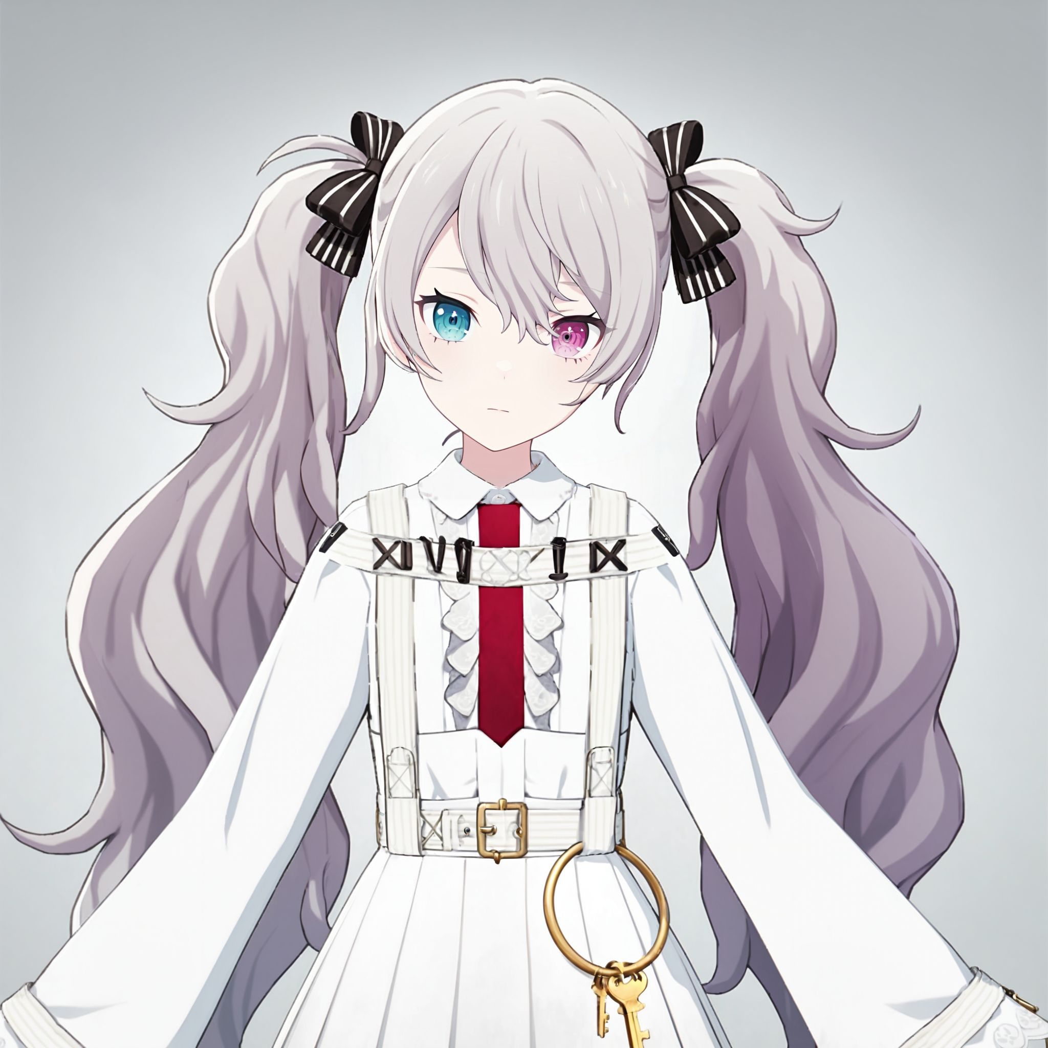 1girl, 25-ji miku, project sekai, masterpiece, very aesthetic, absurdres, official art,
brandnew 25miku, very long hair, grey hair, twintails, bangs, heterochromia, pink eye, aqua eye,
(lookiing at viewer:1.4), cowboy shot, expressionless,  hand on breast, reaching out, BREAK
red necktie, white dress, ribbon, long sleeves, bow, key, striped, black bow, belt, striped ribbon, collared dress, harness, black ribbon, striped bow, pleated dress, shirt, chest harness, lace trim, wide sleeves, two-tone ribbon, frills, white shirt, jewelry,
mist, grey background, blurry background, (steel frame:1.2),
<lora:sdxl-vs-BN25Miku05:0.85:lbw=0,0,0.2,0.2,0,0.4,0.4,0,0.8,0.8,0,0,0,0.8,0.8,0.6,0.8,0.0,0.0,0.0,0,0,0,0,0,0>