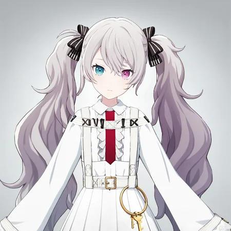 1girl, 25-ji miku, project sekai, masterpiece, very aesthetic, absurdres, official art,
brandnew 25miku, very long hair, grey hair, twintails, bangs, heterochromia, pink eye, aqua eye,
(lookiing at viewer:1.4), cowboy shot, expressionless, hand on breast, reaching out, BREAK
red necktie, white dress, ribbon, long sleeves, bow, key, striped, black bow, belt, striped ribbon, collared dress, harness, black ribbon, striped bow, pleated dress, shirt, chest harness, lace trim, wide sleeves, two-tone ribbon, frills, white shirt, jewelry,
mist, grey background, blurry background, (steel frame:1.2),
<lora:sdxl-vs-BN25Miku05:0.85:lbw=0,0,0.2,0.2,0,0.4,0.4,0,0.8,0.8,0,0,0,0.8,0.8,0.6,0.8,0.0,0.0,0.0,0,0,0,0,0,0>