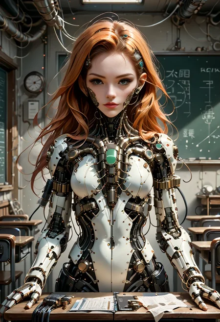 score_9, score_8_up, score_7_up, cyberpunk,1female, (barcode on forehead), respirator, long hair, ginger hair, (green eyes), mechanical parts, body suit, mechanical parts, cable, wires, spine, mechanical, robot joints, dynamic pose, (school classroom), (blackboard), (desks:1.2), (CXL-Mech:0.75), complex parts, cowboy shot, detailxl, science fiction, mecha,  cyborg, reelmech, machinery, <lora:- SDXL - vanta-black_contrast_V3.0:0.75> <lora:BioPunky:0.6>  <lora:Reelmech_pony_ed_v1_3:1> <lora:Dark_Particles_Style_SDXL:1> ais-darkpartz <lora:hyperkraximalism_v1-1:0.22> hyperkraximalism
