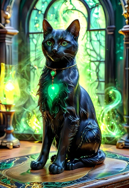 masterpiece, best quality, golden ratio, skillfully crafted nice shiny black cat figurine made out of ebony, glowing emerald eyes, on the table in the wizard cabinet, cinematic lighting, fantasy realism, evening, ray tracing, dreamy, green glow, green mist, magicNpolished, Mystic Lumina,