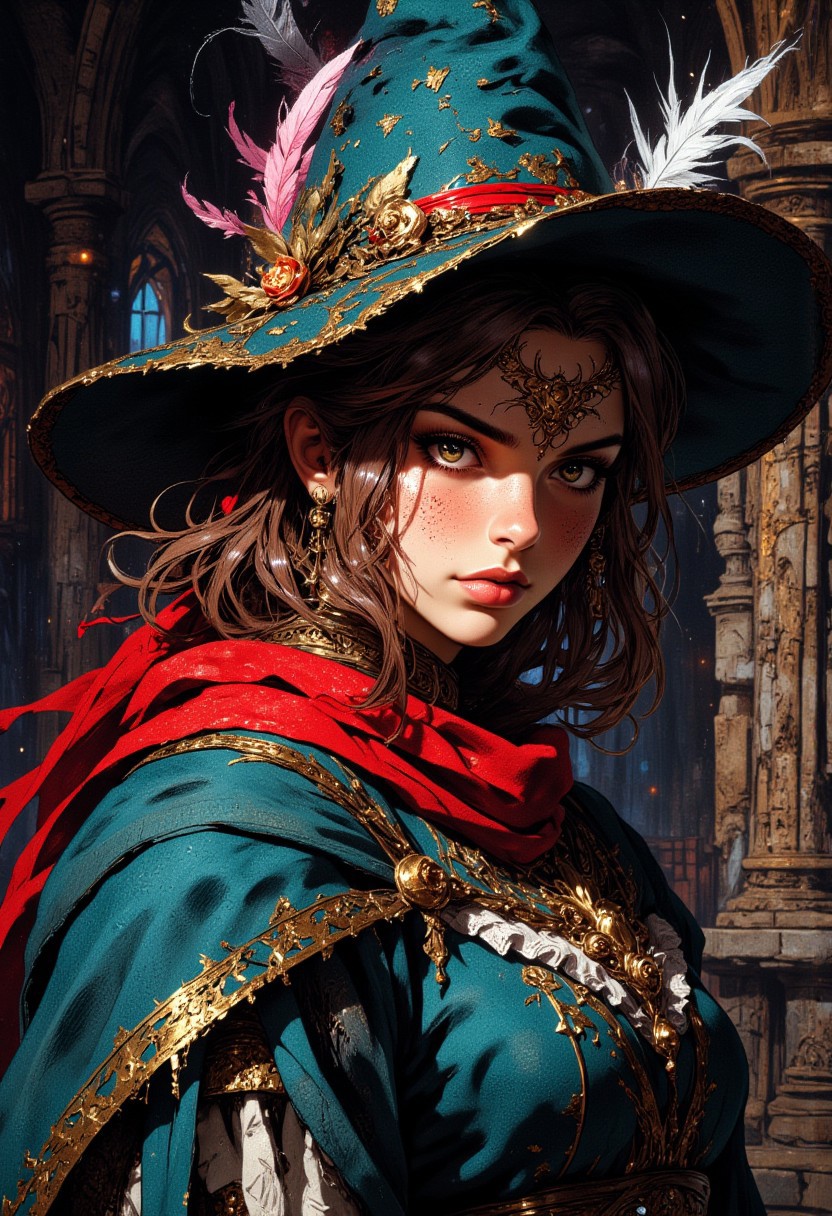 Portrait of a young woman with a serious yet determined expression, wearing a teal, wide-brimmed hat adorned with small golden flowers and a red band. A long, white feather and a shorter pink feather are attached to the hat, flowing slightly outward. Her shoulder-length brown hair is slightly wavy, peeking out beneath the hat. She has a red scarf or bandana tied around her head, partially covering her hair. She wears a blue and red medieval-style outfit with white frilled accents, evoking a fantasy or Renaissance aesthetic. The background is a dark, shadowy interior of an ancient structure with stone walls, arches, and gnarled wooden beams, illuminated faintly by ambient light. The overall tone is moody and atmospheric, with a focus on the character’s detailed facial features and outfit.