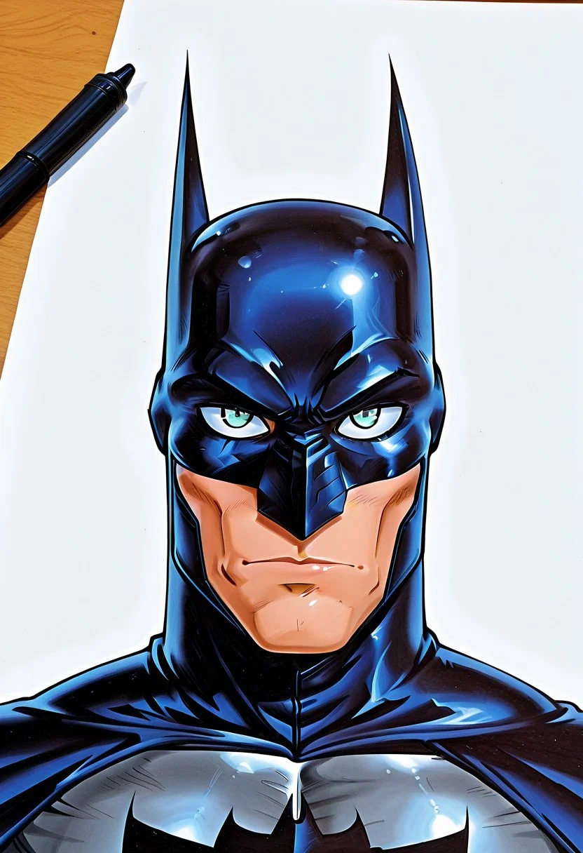 retro game art, traditional media, detailed texture, marker \(medium\), rating_explicit, masterpiece, absurdres, high quality, detailed skin, detailed character design, ultra-high resolution, perfectly composed, clear, breathtaking attention to detail, highres, ultra detail, solo, 
BREAK
(batman), 1boy, solo, male, adult, male focus, 1boy, white sclera without pupils, detailed face, cheekbones, mask with black pointy ears, black cape, lavendertowne