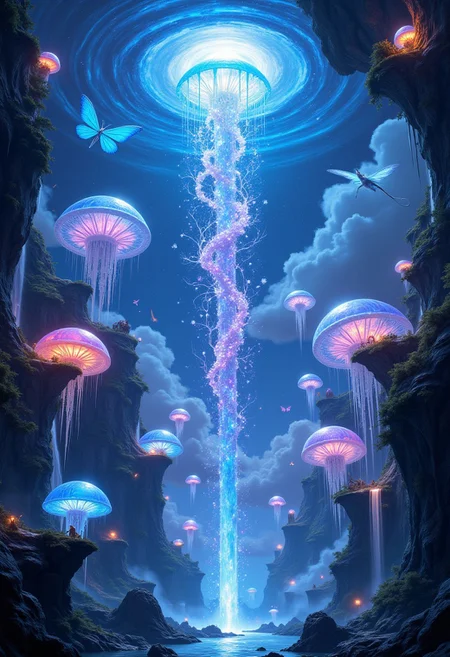 aidmaMJ6.1, aidmaimageupgrader, A surreal, hyper-detailed depiction of a colossal floating city built on the backs of massive, luminescent jellyfish drifting through a sky filled with cascading waterfalls. The city features translucent, glowing structures that pulse with shifting colors, connected by delicate, shimmering bridges that sway as the jellyfish glide. Above, the sky is a kaleidoscope of swirling galaxies, their light reflecting off the endless waterfalls that vanish before reaching the ground. In the air, crystalline dragonfly-shaped airships hover gracefully, their radiant wings sparkling with energy. The atmosphere teems with bioluminescent wildlife, including floating manta rays and glowing butterflies, leaving trails of light as they move. At the heart of the city, a spiraling tower of glowing crystal vines rises, crowned by a pulsating orb of energy that illuminates the entire surreal scene. A breathtaking blend of underwater magic and celestial wonder, defying all natural laws.