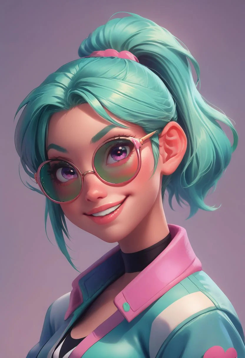 score_9, score_8_up, score_7_up, score_6_up, 18 years old, straight hair, ponytail, big smile, flirty grin, neon green hair, young face, pastel thick rimmed sunglasses, oversized varsity jacket, portrait, glossy lips, turning to face viewer, head tilt, 1 girl, perky, looking at viewer, adorable, petite body, side view, looking at viewer, round face, 18 years old, cutest girl in the world