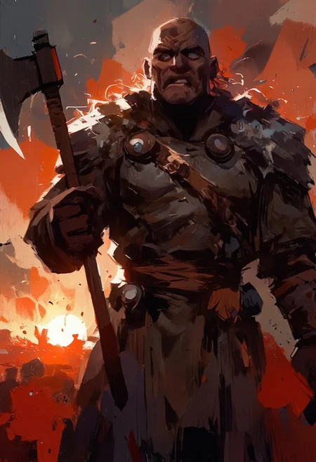 A close-up of a furious viking face, his glacier blue eyes glistening with tears that streak down his pale, thick long beard. long brown hair. Strands of hair cling to his face, damp from sweat and screaming. his trembling hands clutch a wooden handle of a large battle axe, reflecting faintly, casting soft, warm light across his masculine features. The background fades into a blurred haze of crimson and amber from a burning sunset, with faint silhouettes of fallen comrades barely visible. The focus is intensely dramatic, capturing every detail of his rage and the fight he is about to enter.