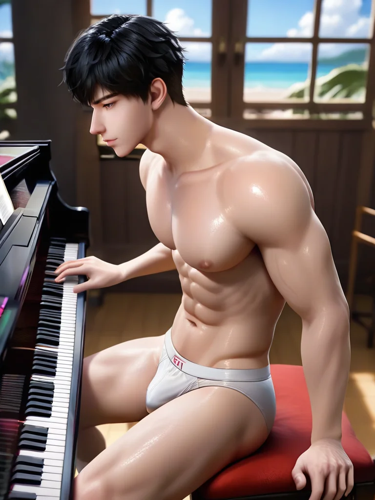 masterpiece,best quality,very awa,amazing quality,very aesthetic,absurdres,newest,newest,highres,absurdres,extremely detailed,best aesthetic,high resolution,photorealistic,semi-realistic,semi-realistic style,detailed features,detailed hair,realistic facial features,shiny skin,anatomy,perfect proportions,perfect hand,detaile hand,3d style,blender Rendering,1boy BREAK solo,black hair,black eyes,short hair,day,detailed background,white socks,full_body,<lora:linqiye:1>,linqiye,large_pectorals,naked,wearing white underwear,side view,from the side,indoor,sit in front of the piano,put your hands on the piano keys,bedroom,cowboy_shot,