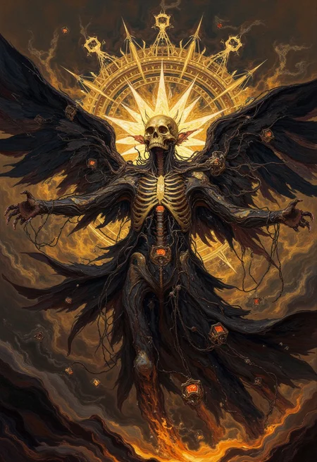 oil painting of
A haunting, celestial figure hovers at the center, an unsettling fusion of angelic and skeletal forms. The being’s exposed ribcage and spine gleam like gilded bronze, intricately crafted with ornate mechanical details, as if forged from both flesh and machinery. Its face is a smooth, golden skull crowned by a radiant halo of sharp, glowing rays, resembling a divine yet ominous sun.
Massive wings extend outward, a mix of decayed feathers and metallic extensions, their tips fraying into dark tendrils that twist like living wires. The arms stretch wide in a solemn, ritualistic gesture, with cables and chains dangling from the figure's wrists, snaking into the surrounding void. The chest glows faintly with two molten, golden cores that pulse like a heartbeat, radiating both light and power.
The backdrop is a swirling expanse of shadows and smoke, crawling with faint demonic shapes, as if unseen forces loom beyond the darkness. Geometric symbols, faintly glowing in deep amber hues, frame the figure — cubes and lines intersecting as though part of an ancient mechanism. The air is heavy with reverence and dread, as though the figure embodies both a divine messenger and a harbinger of ruin, eternally suspended between creation and destruction.
, visible brushstrokes, atmospheric haze, low key, moody lighting,watercolors,DB4RZ, DB4RZ style painting