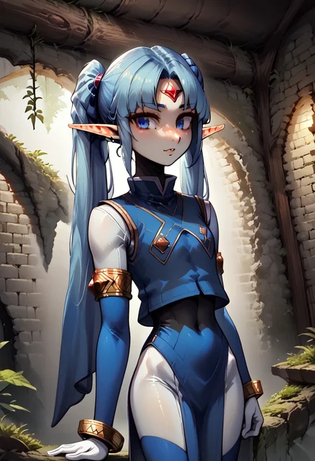 4byss, Lapanya, pointy ears, ((snout nose)), flat chest, solo, leviathanbase, long hair, blue hair, bangs, red forehead gem, twintail hair, blue eyes, blue vest, gold armlet, detached sleeves, gold bracelet, white gloves, blue thighhighs, gold thighlet, blue loincloth, anklet, high heels, white bodysuit, white sleeves,
((Neutral expression)):1.2,
Dutch angle, detailed face, ((up close, headshot)),
Variety,
Medieval style,
((cavern background, wall hangings, organic chamber, soft light, moss on ceiling, luminous moss)), clean lines, smooth colors, sfw, source: anime, rating: pg, score: 8 up, score: 9