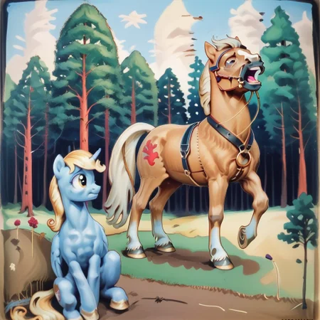 score_9, score_8_up, score_7_up, score_6_up, score_5_up, score_4_up, source_pony, BREAK a painting of a pony plowing a field, 1boy, horse, horse collar, horse harness, plow, field,  trees, agk_akseligallen-kallela_-_kalevala, traditional media