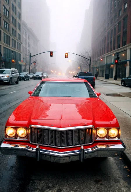 gleaming red Ford Gran Torino, front view, Chicago avenue, bright headlights, foggy morning, 4K, highly detailed, (grainy 35mm photo)