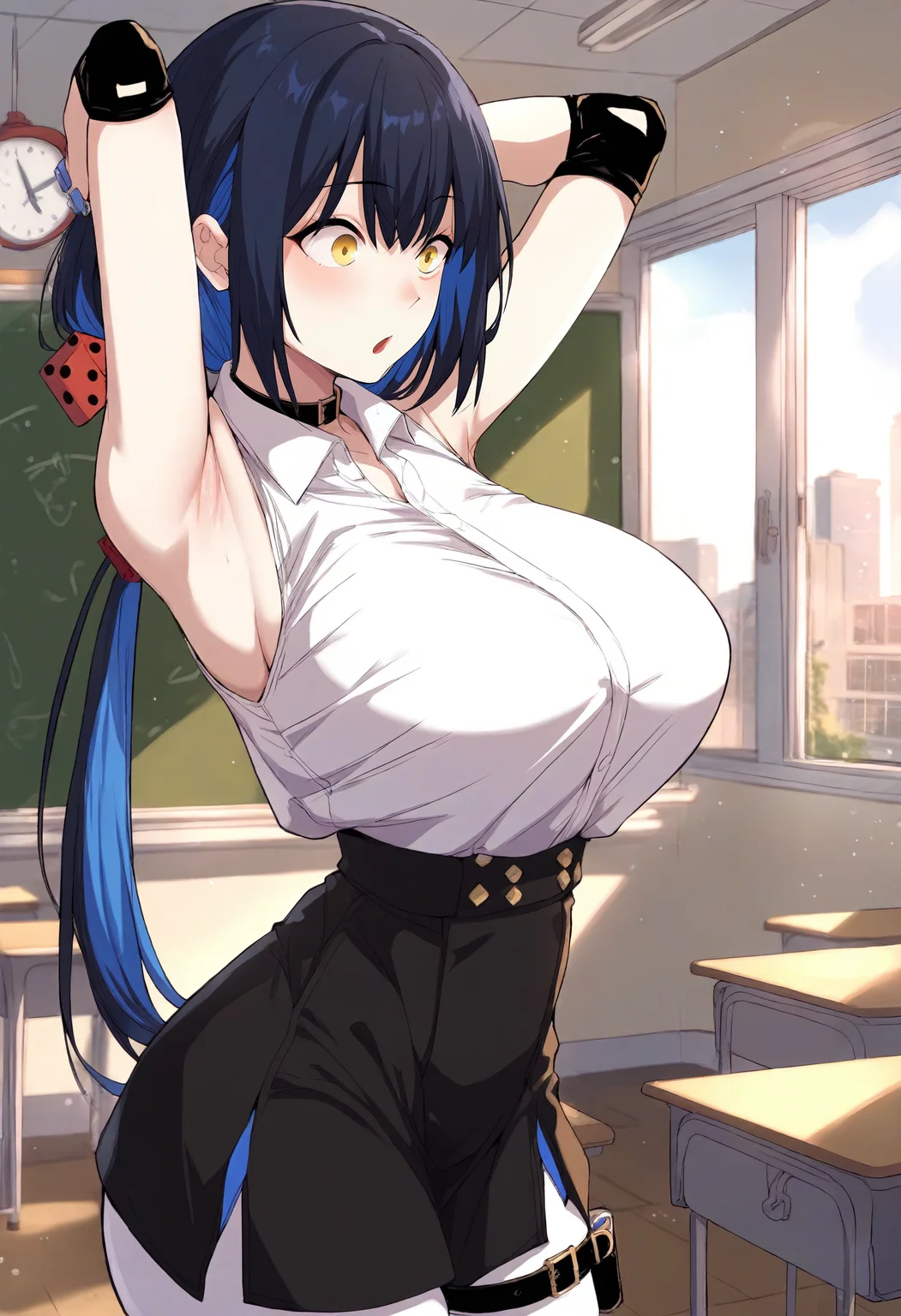 score_9, score_8_up, score_7_up, score_6_up, source_anime, rating_explicit, 1girl, huge breasts <lora:Bang Yerim prefectPonyxl:0.9> blue hair, black hair, yellow eyes, medium hair, colored inner hair, blue nails, long hair, low ponytail, red dice hair ornament, black choker, collar, white shirt, sleeveless shirt, collared shirt, wristwatch, belt, elbow pads, high-waist skirt, black skirt, white pantyhose, thigh strap, surprised, classroom, window, indoors, looking to the side, from side, arms behind head, armpits