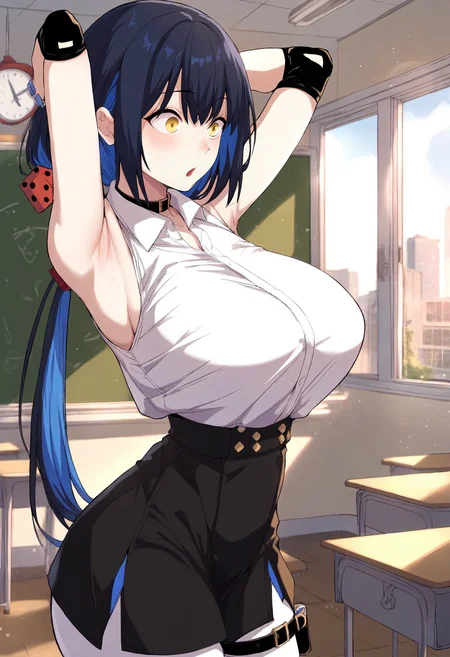 score_9, score_8_up, score_7_up, score_6_up, source_anime, rating_explicit, 1girl, huge breasts <lora:Bang Yerim prefectPonyxl:0.9> blue hair, black hair, yellow eyes, medium hair, colored inner hair, blue nails, long hair, low ponytail, red dice hair ornament, black choker, collar, white shirt, sleeveless shirt, collared shirt, wristwatch, belt, elbow pads, high-waist skirt, black skirt, white pantyhose, thigh strap, surprised, classroom, window, indoors, looking to the side, from side, arms behind head, armpits
