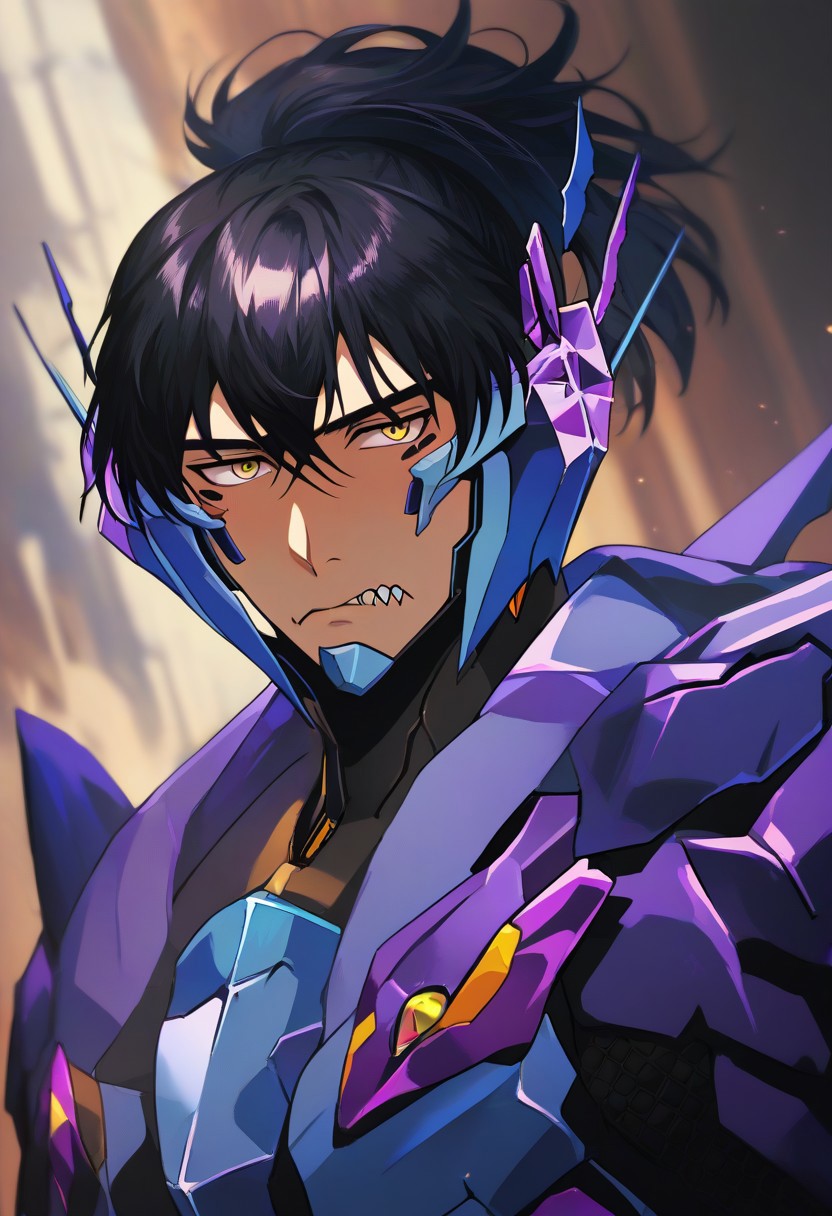 score_9, score_8_up, score_7_up, score_6_up, perfect anatomy, perfect proportions, best quality, masterpiece, high_resolution, high quality, solo male, SuperbiaHM, Superbia \(Brave Bang Bravern\), black hair, ponytail, bangs, yellow eyes, perfect eyes, BREAK facial mark, mecha horns, tiny horns, ((mandible guard, headgear, covered ears:1.5), black bodysuit, (mecha armor, purple/blue armor, Superbia armor, gauntlet, gloves:1.5), adult, mature, masculine, manly, handsome, charming, alluring, arrogant, unhappy, (close mouth:1.5), standing, upper body, dutch angle, crossed arms, cowboy shot