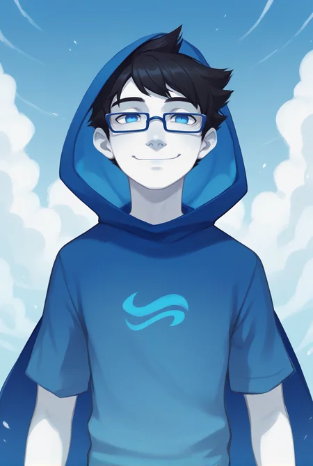 , , score_9, score_8_up, score_7_up, masterpiece, , line art, portrait, anime,, detailed, <lora:Expressive_H:0.45> Expressiveh , solo , , <lora:John_Egbert:0.8>, 1boy, male, black hair, short hair, blue eyes, john egbert, glasses, godtier, smile, looking at viewer, blue theme, white skin, closed mouth floating, wind, wind effect, , hood,