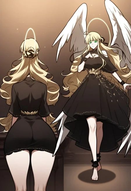 Score_9, Score_8_up, detailed background, high quality, night, pov, bedroom, Expressiveh, Character, zPDXL, Uriel, green eyes, blonde hair, long hair, classic clothes, black dress, necklace, halo, white wings, clothes, toned, large breasts, puffy nipples, large ass, ass expansion, thick thighs wide hips, wide shot showing female, full body shot, looking at viewer, lustful, posing